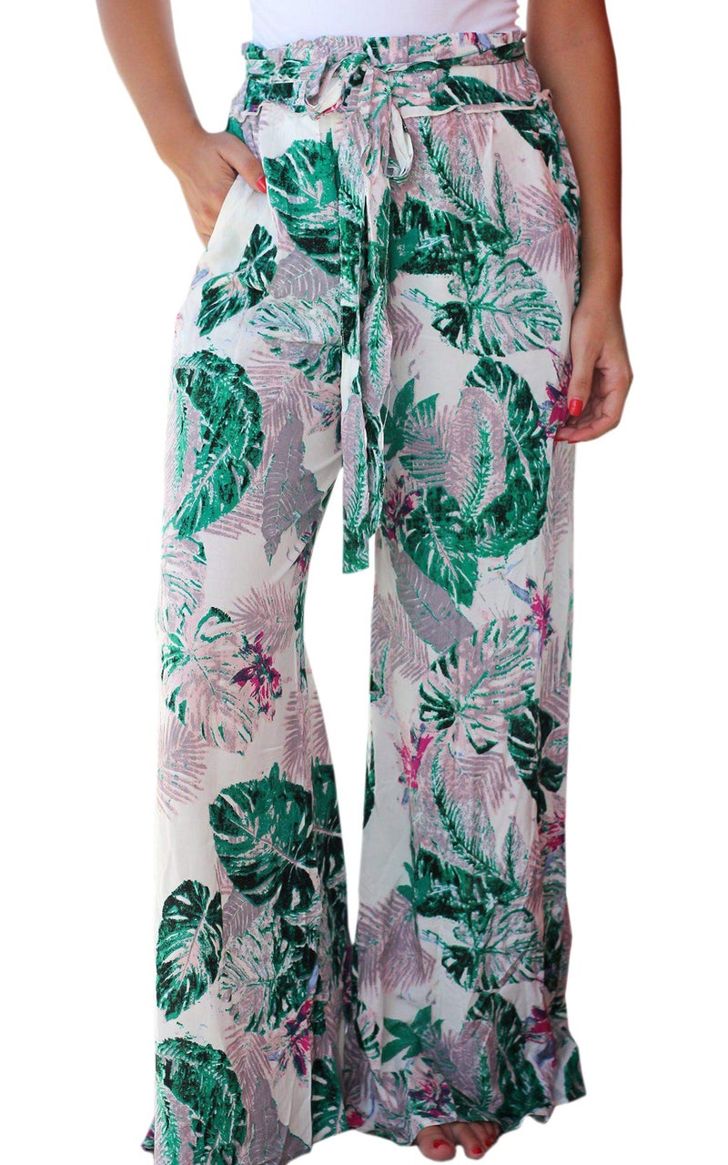 ECOWISH Wide Leg Pants for Women Summer 2024 Palazzo Tropical Floral Belted Casual Lightweight High Waist Flared Trousers with Pockets White Small - Image 1